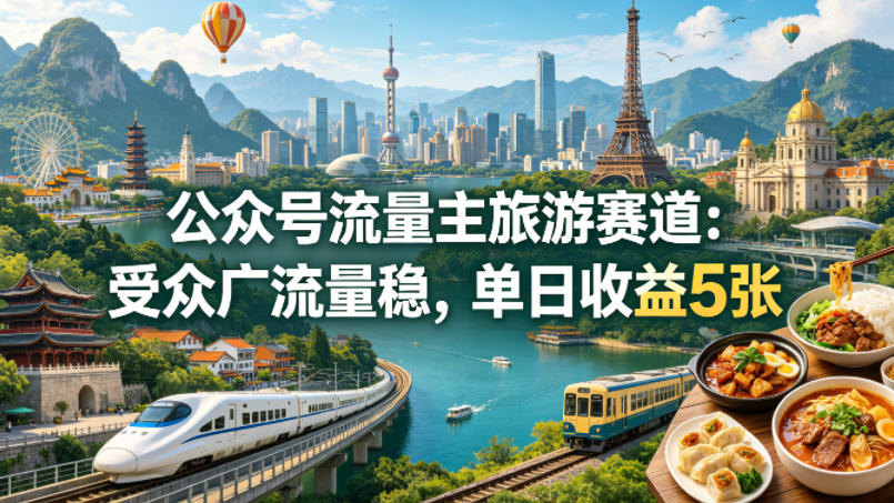 公众号流量主之旅游赛道，受众广+流量稳，平均单日收益5张+-亮剑学堂