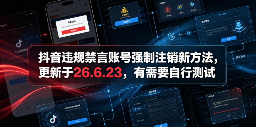 抖音违规禁言账号强制注销新方法,更新于26.6.23,有需要自行测试-亮剑学堂