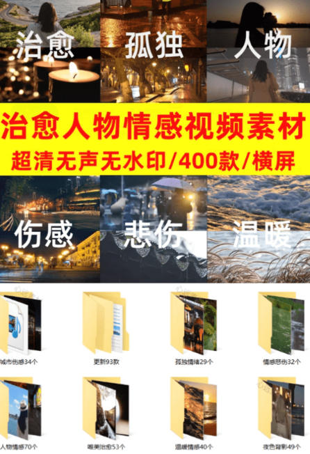 爆款短视频常用视频素材!抖音治愈伤感人物情感视频素材,400款合集,无声无水印,视频感氛围拉满-亮剑学堂