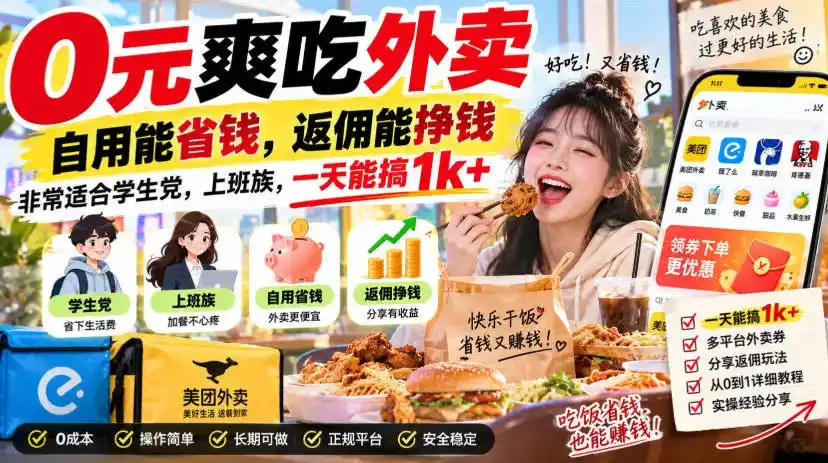 外卖霸王餐返佣项目：0元吃外卖还能赚钱，适合学生与上班族-亮剑学堂