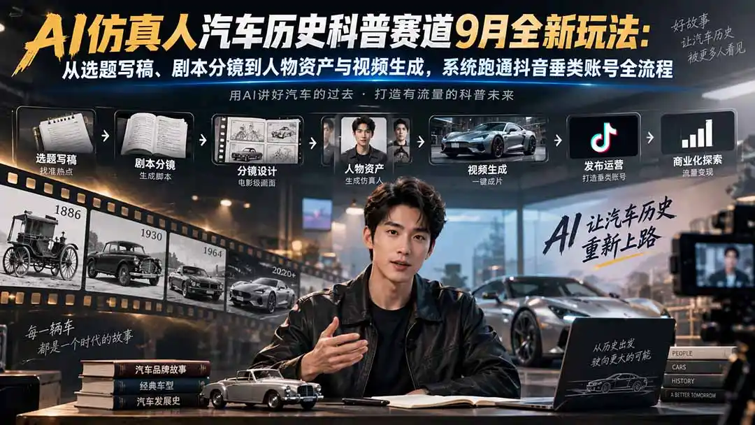 AI仿真人汽车历史科普赛道9月全新玩法：从选题写稿、剧本分镜到人物资产与视频生成，系统跑通抖音垂类账号全流程-亮剑学堂
